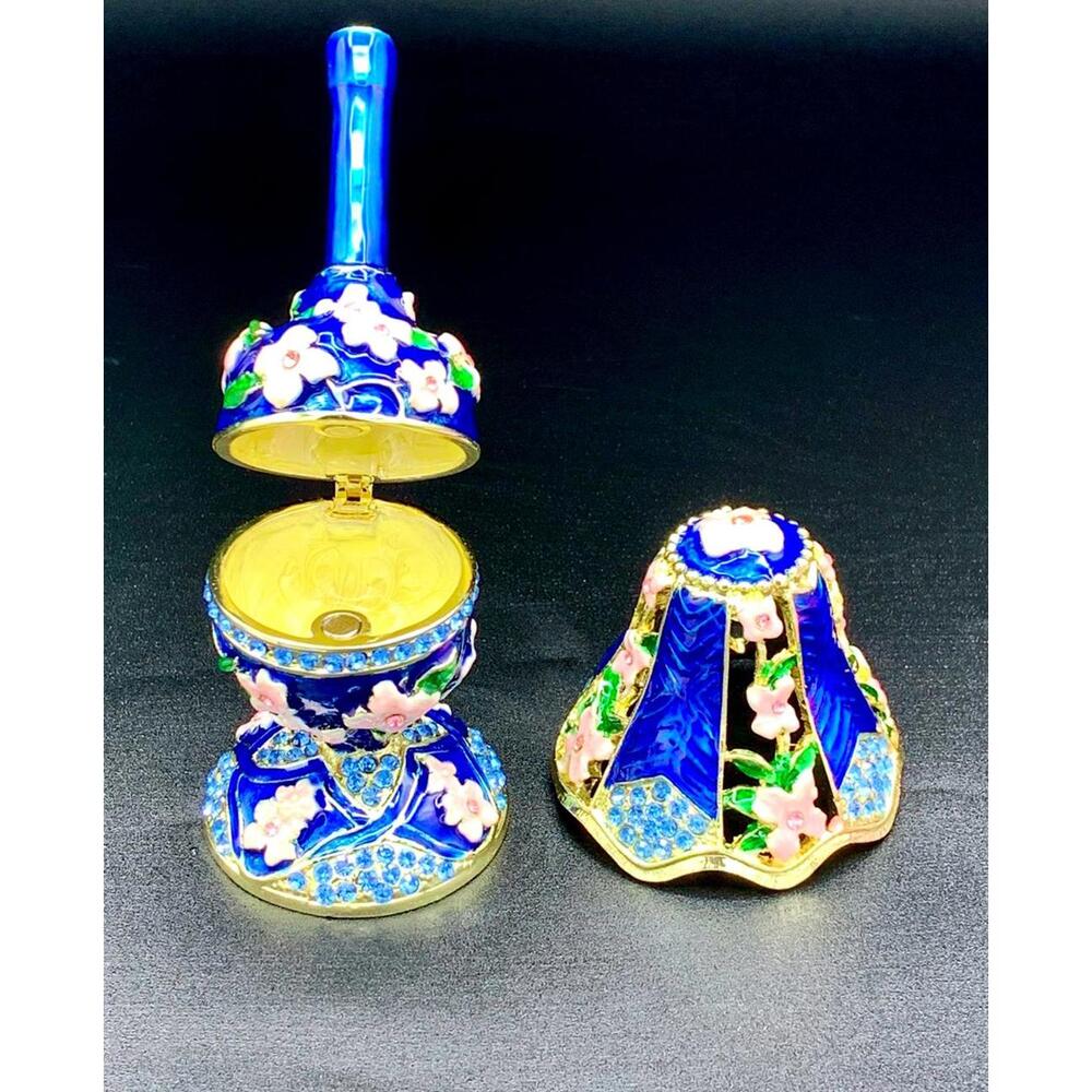 Blue Table Lamp Trinket Box Floral Enamel Rhinestone Gold Tone Keepsake - Picture 2 of 4